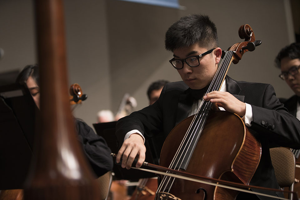 A celloist in the symphony orchestra