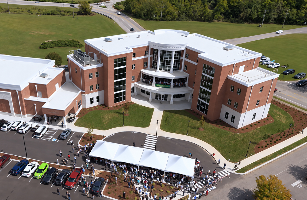 An aerial view of the Ruth McKee School of Business grand opening.