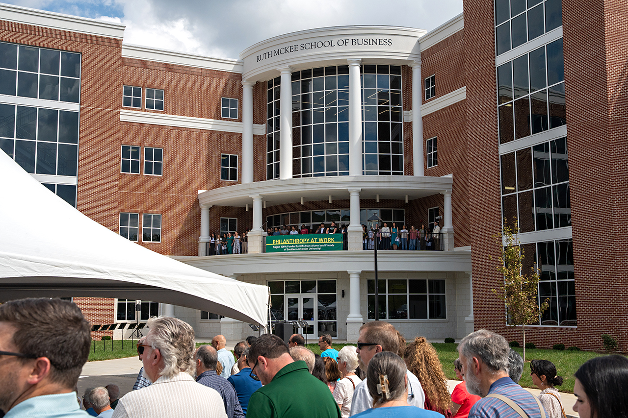 Guests gather at the Ruth McKee School of Business grand opening.