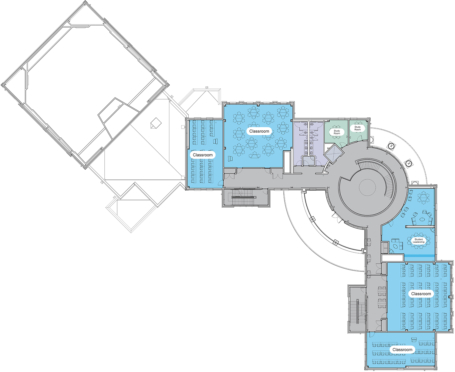 Second Floor: Classrooms, Study Areas, and More