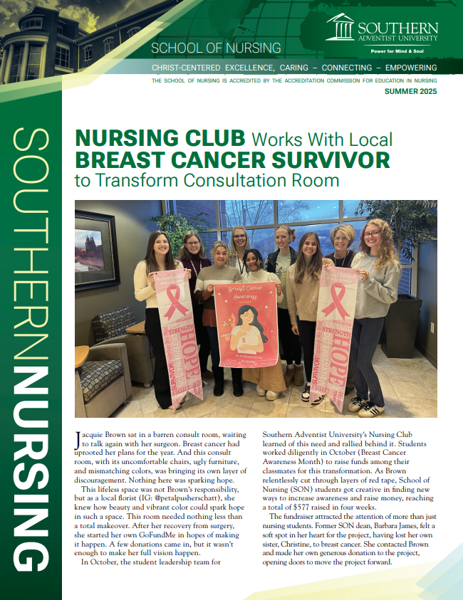 Page 1 of the Summer 2025 Newsletter: Nursing Club Works with Local Breast Cancer Survivor to Transform Consultation Room