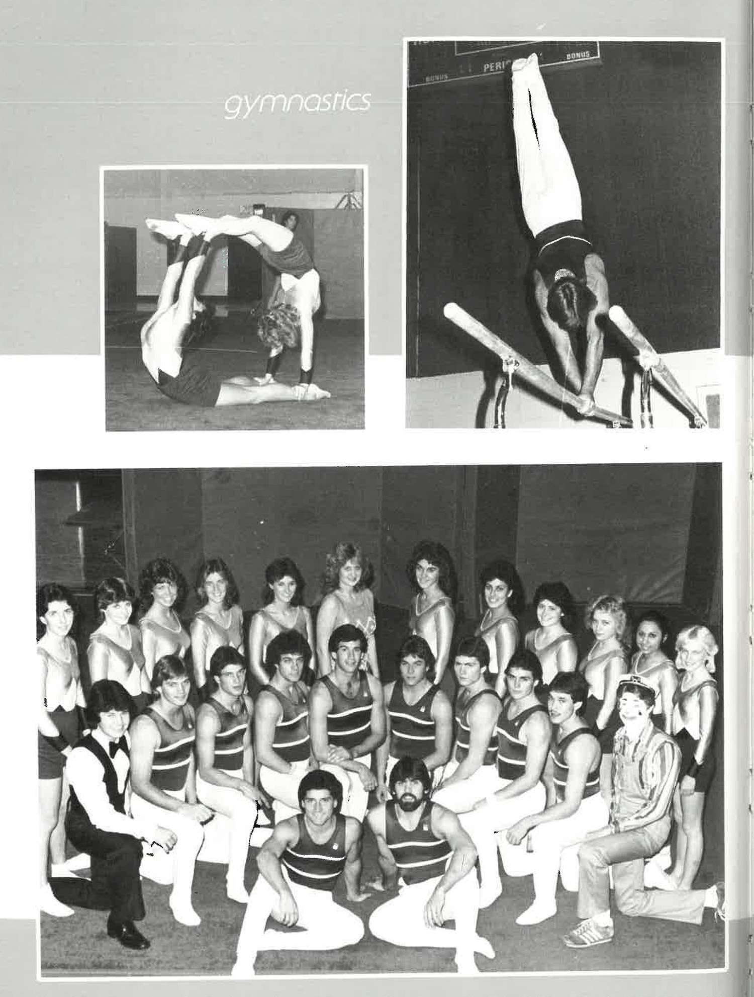 Three black and white photos of Gymmasters from 1984