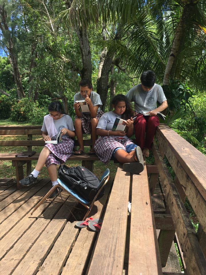 Students reading outside on a nice day