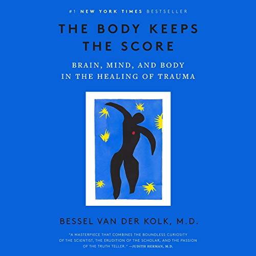Blue book cover with text "The body keeps the score"