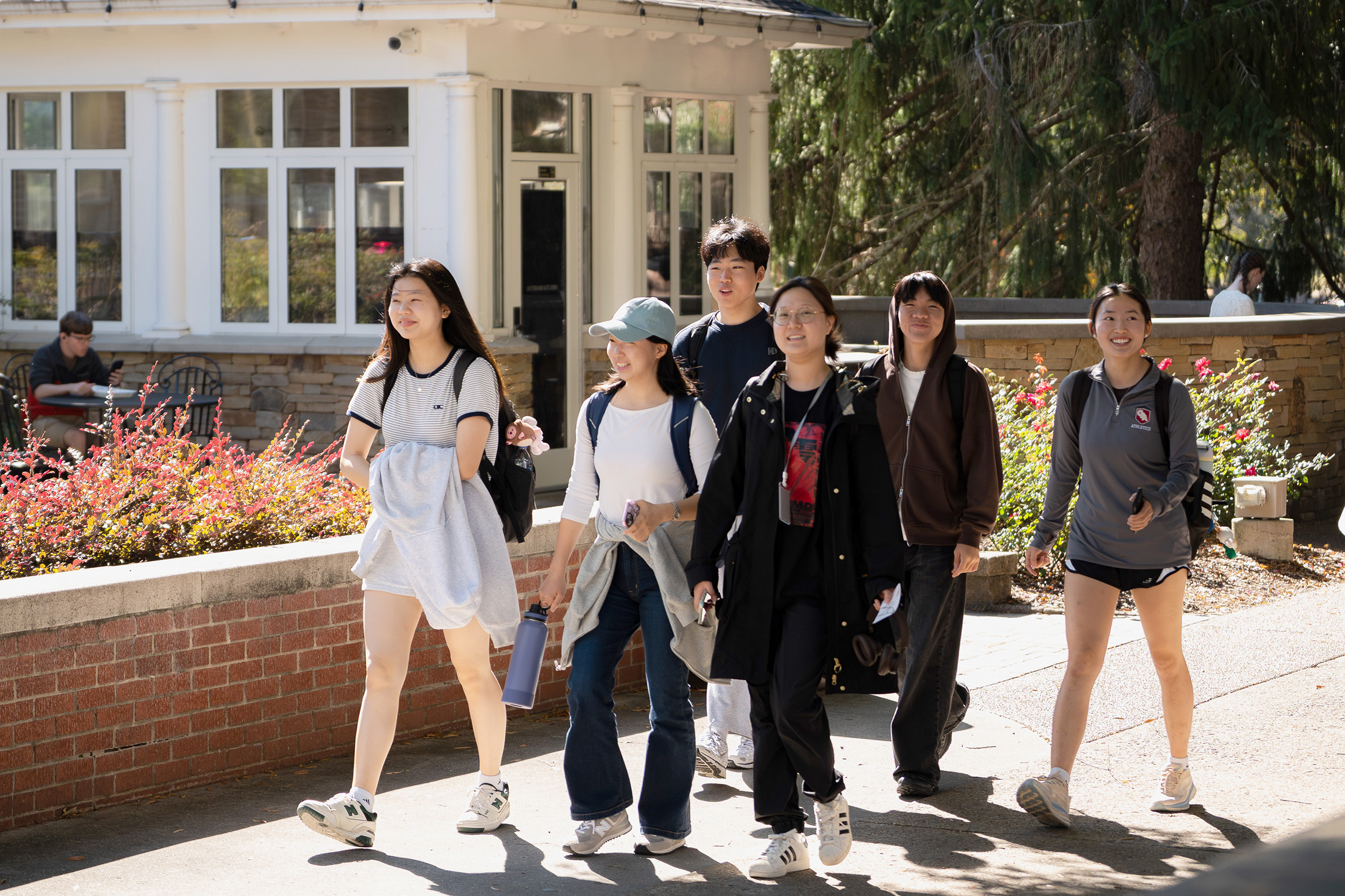 a group of students walk on the promenade