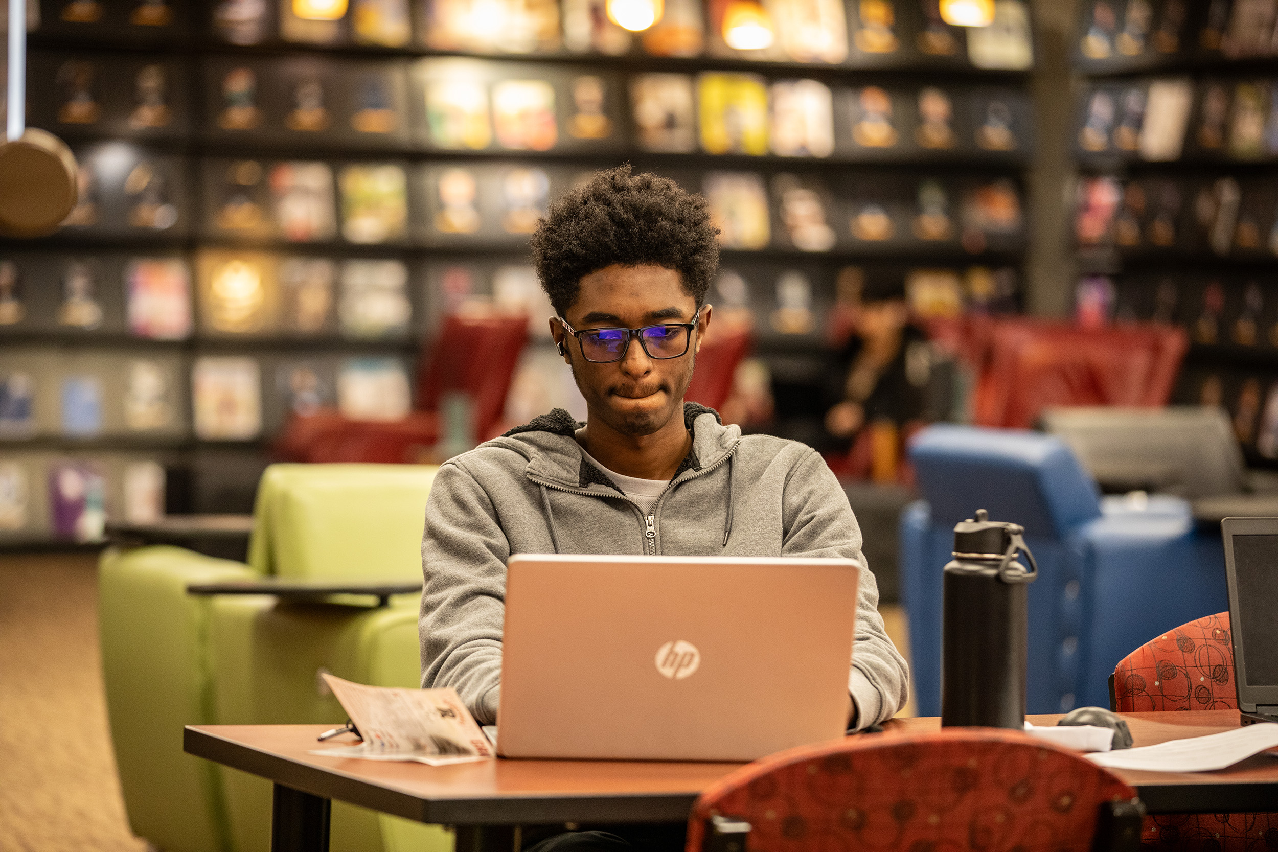 a student studies in the library