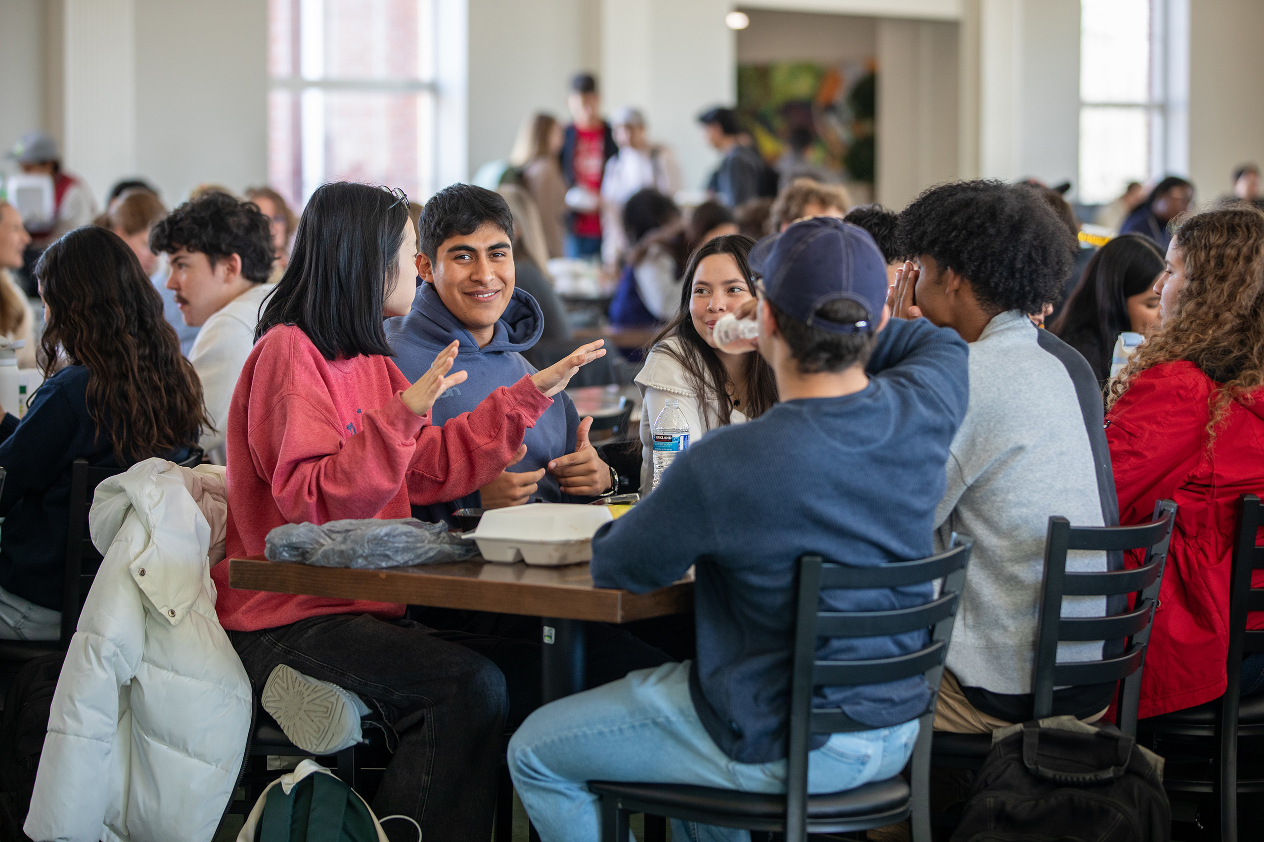 eating and talking in the dining hall