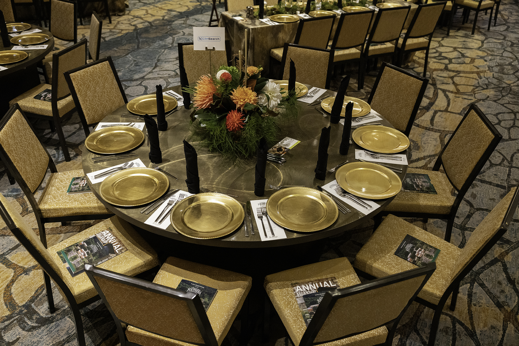 Ballroom tables set in preparation for A Taste of Southern dinner