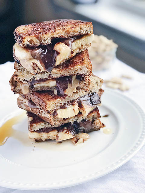 grilled sandwhich bursting with peanut butter, nutella, and banana chunks