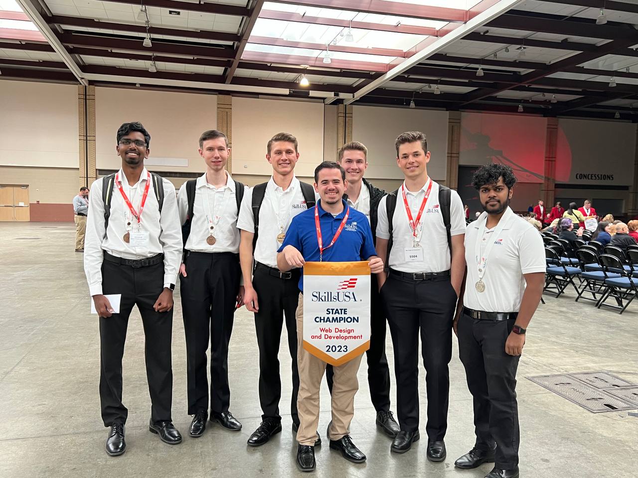 Abishur Moses (back left), Sam Tooley, Brandon and Allen Gustrowsky, Caeden Scott,                                     and Daryl Illangovan—all computer science majors at Southern Adventist University—swept                                     the podium as two-man teams at the state level for SkillsUSA Web Design and Development.                                     Southern alum and graduate student Dakota Cookenmaster (front), adjunct instructor at the university, coached the teams.