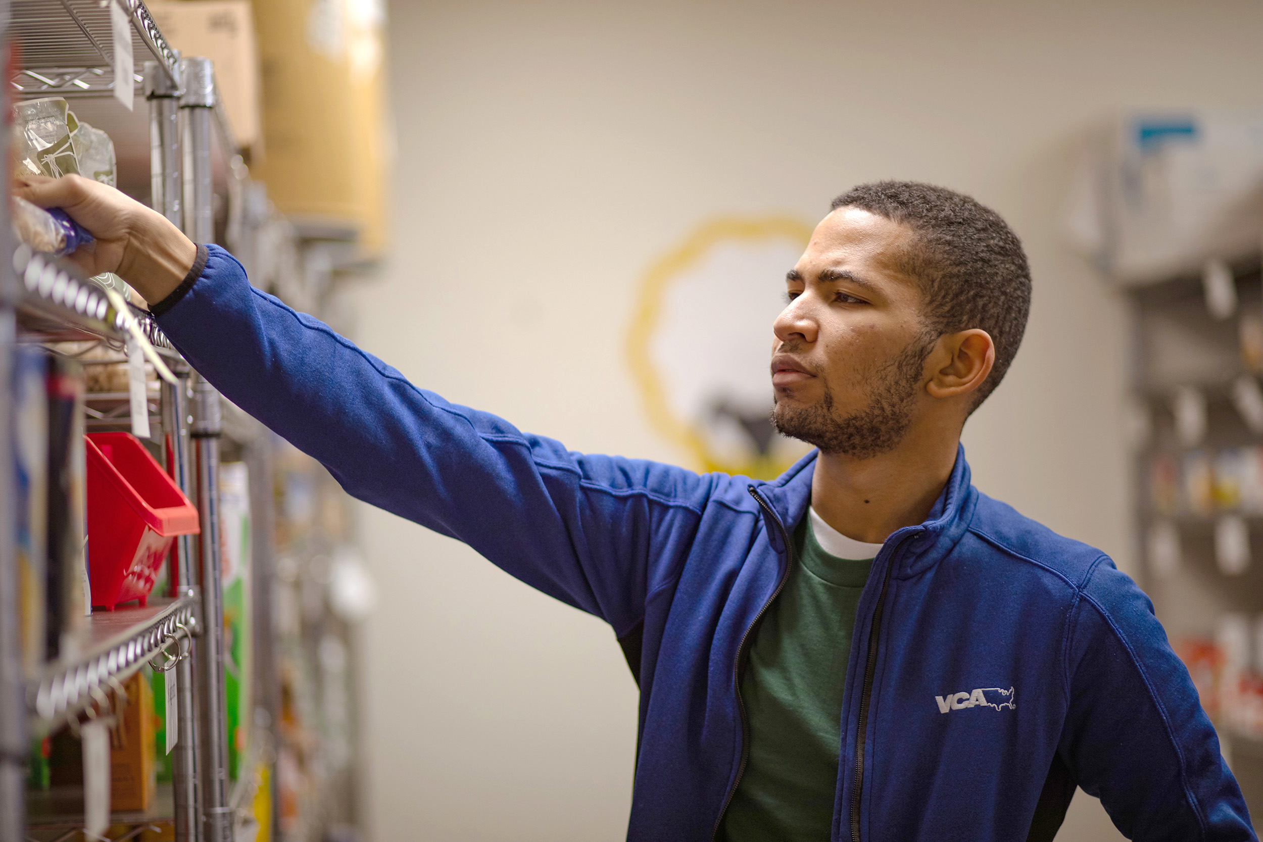 Student stocking food pantry shelves
