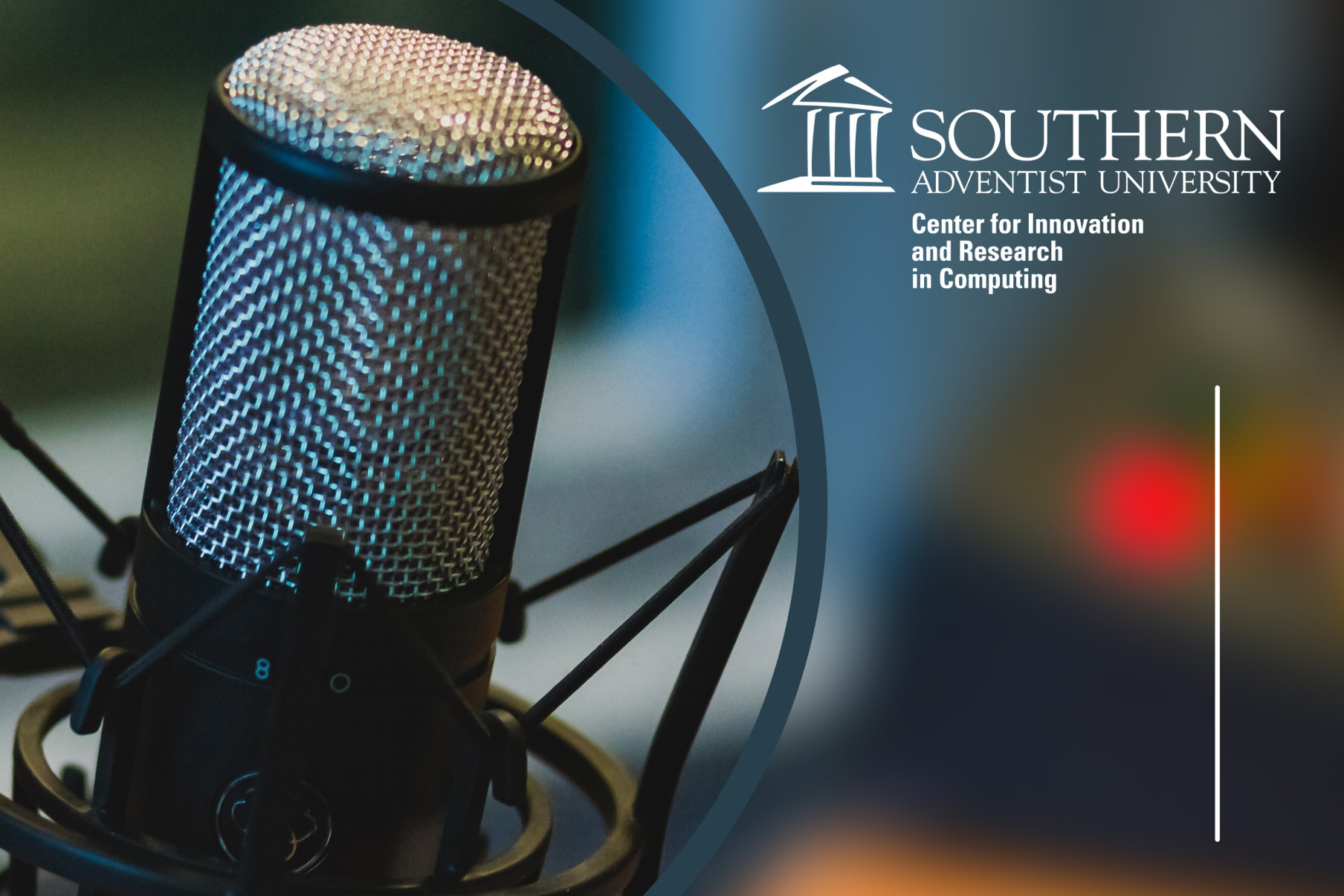A close-up image of a microphone and Southern Adventist University logo in the upper right corner.